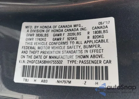 2017 Honda Civic Si z USA, uszkodzony, nr VIN 2HGFC3A58HH755502